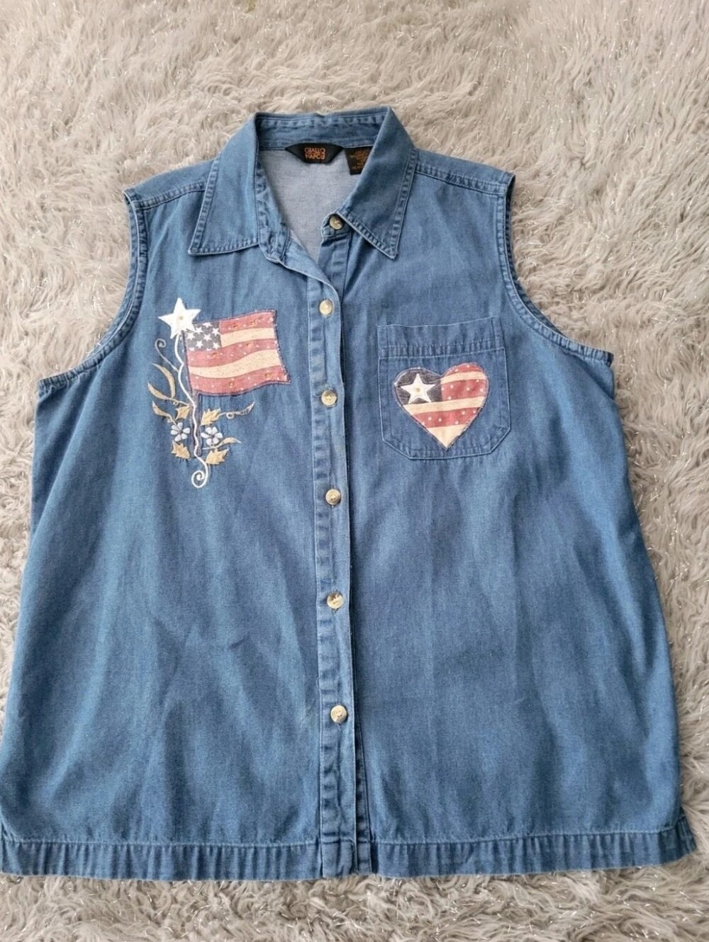 Vintage Giallo Napoli Demin Chambray Top Folk  Americana Patriotic Patchwork XL